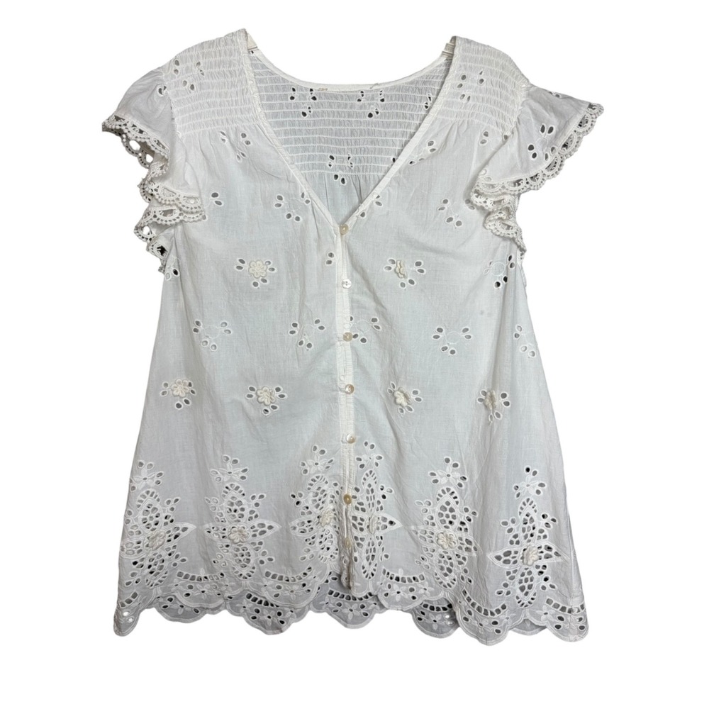 Love The Label White Eyelet Cotton Blouse Sheer Lace Flutter Sleeve Boho Top L - Picture 6 of 11